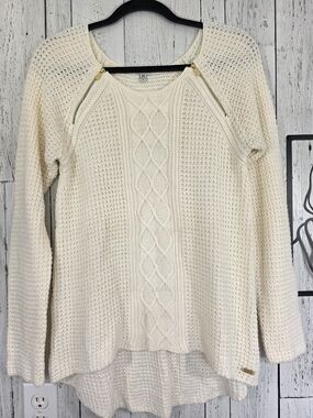 GUESS Cream Cable Knit Zip Detail Sweater Size Medium Winter Fall Cozy